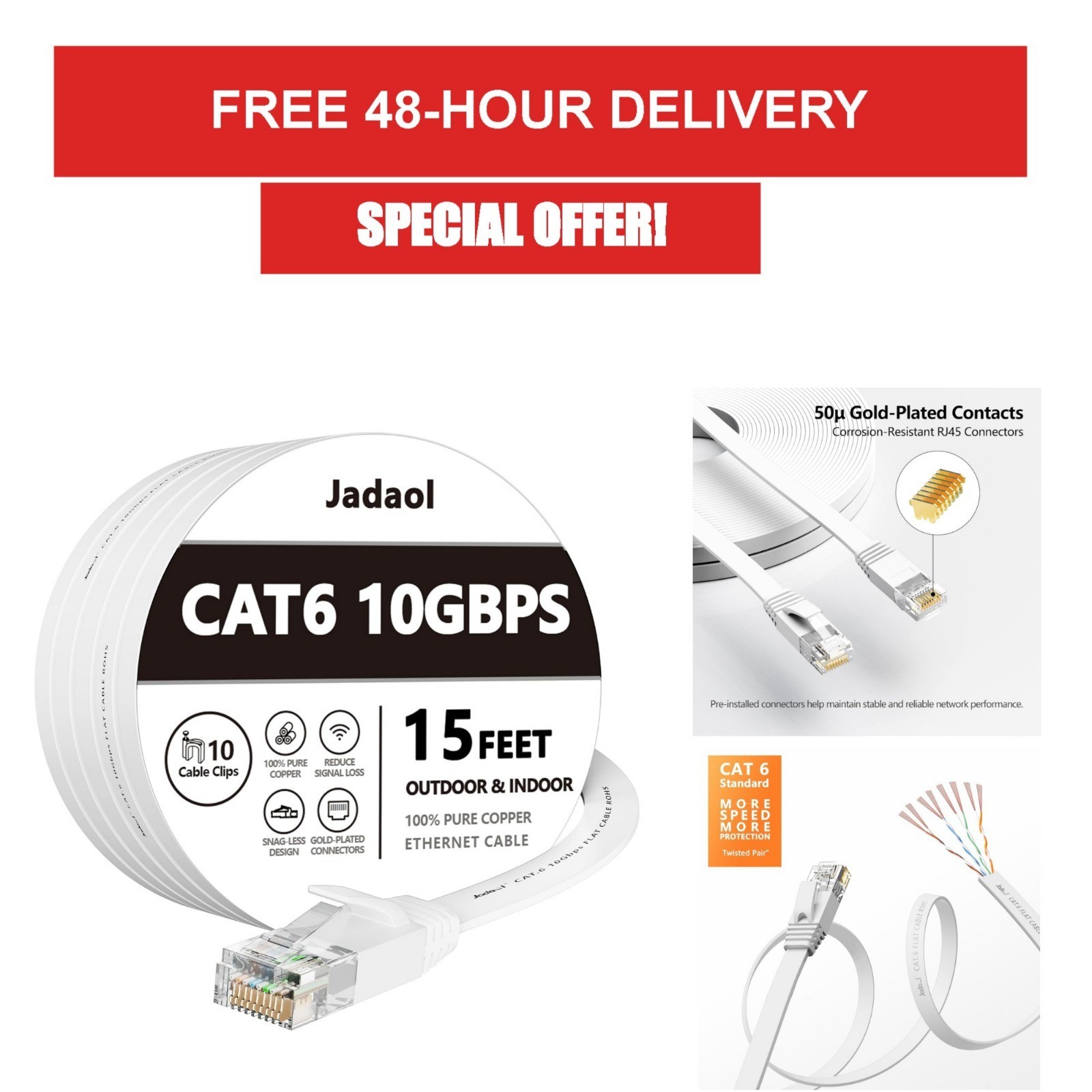 Jadaol Cat6 Ethernet Cable 15FT, 10Gbps Flat Network Cable, White