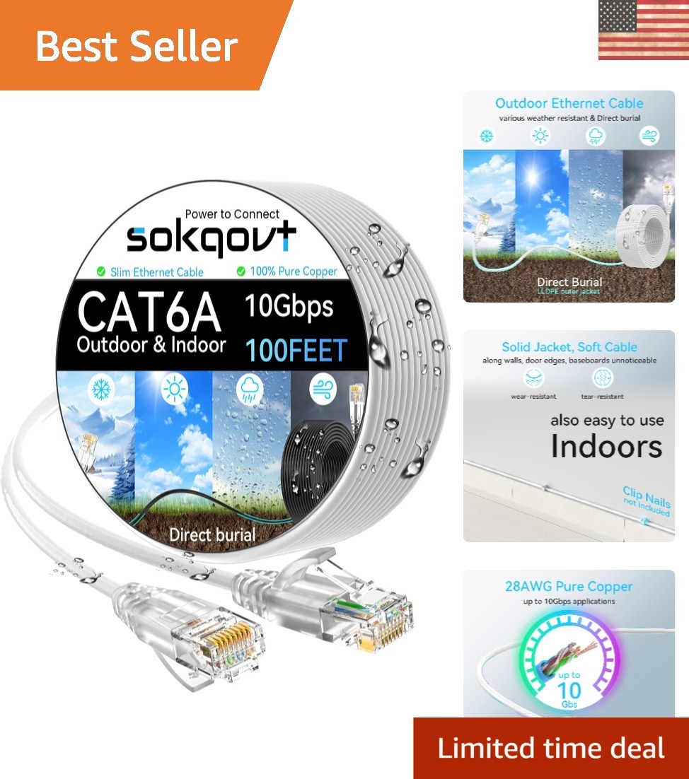 Durable Cat6a Ethernet Cable – 100ft Slim Design for Indoor/Outdoor Reliability