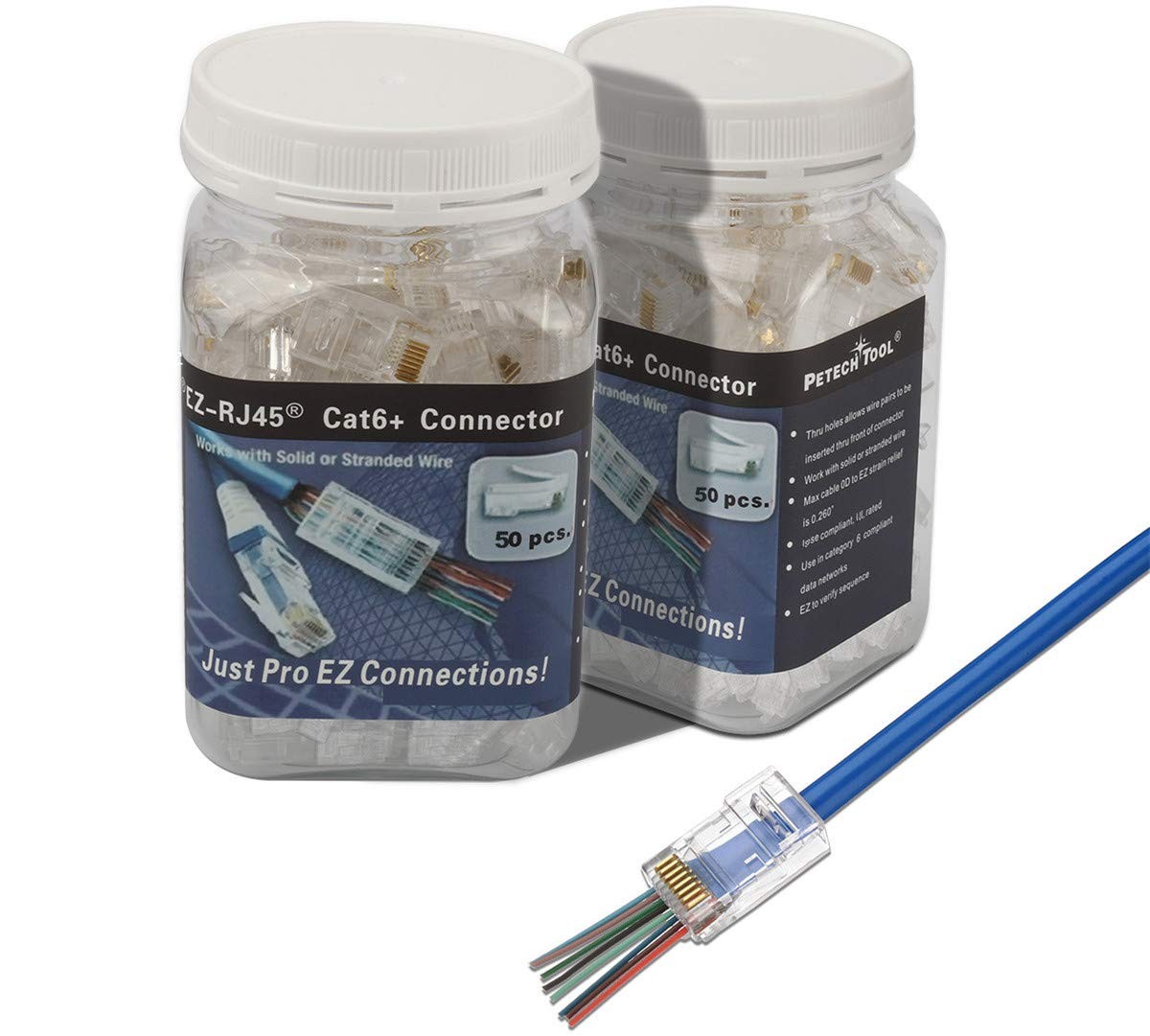 RJ45 Cat6A Cat6 Pass Through Connectors 50Pack 23AWG End Bold Ethernet 8P8C
