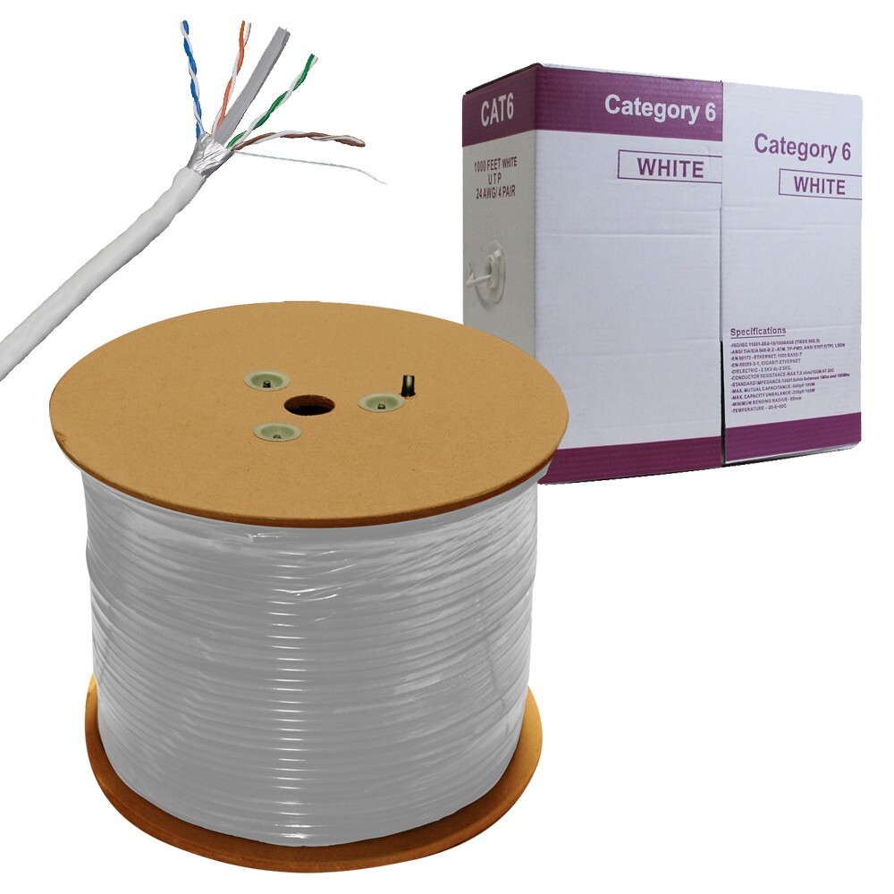 CAT6 1000FT ETHERNET CABLE Solid Bare Copper White 23AWG 4Pair 350MHz ETL Listed