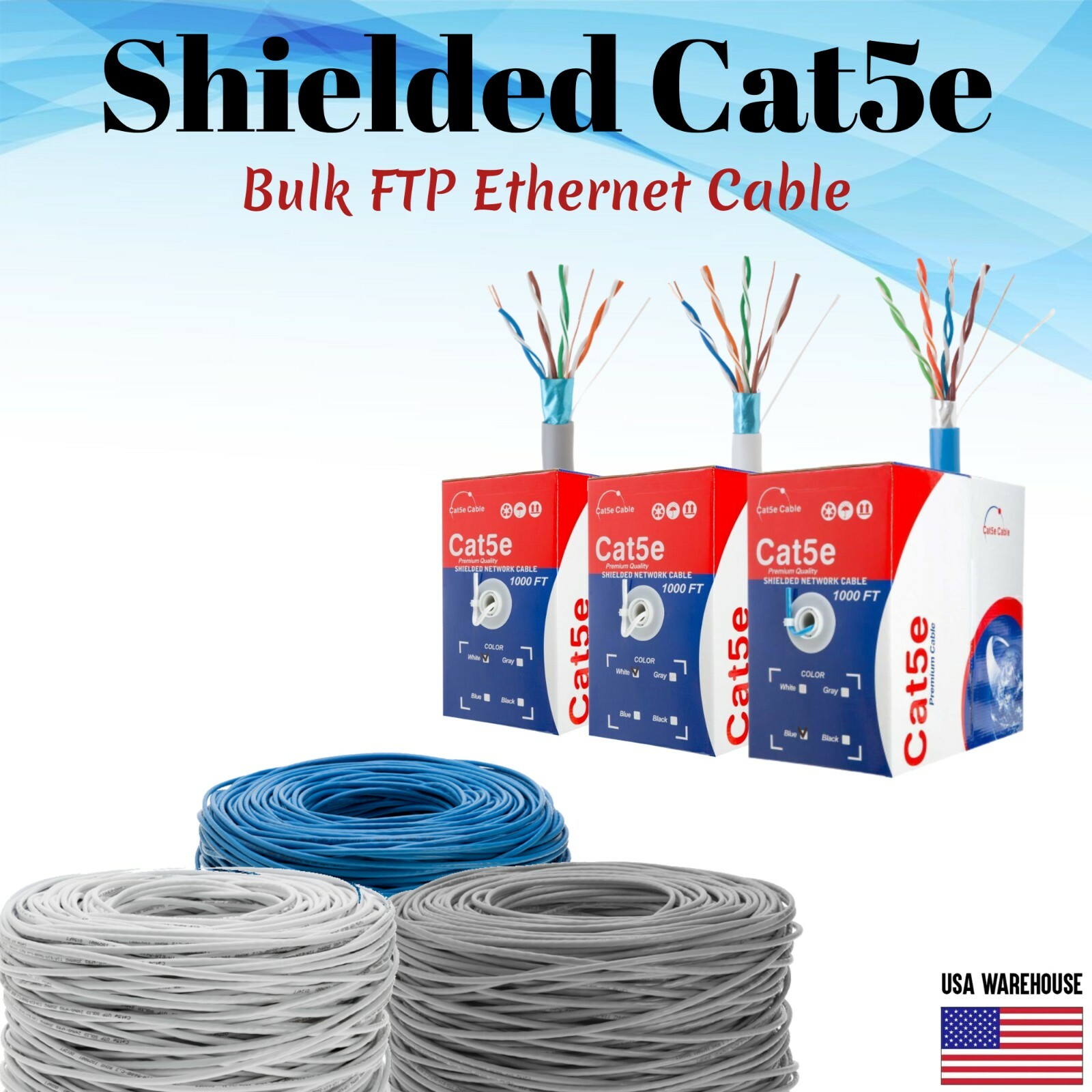 SHIELDED CAT5e 1000ft FTP Bulk Ethernet Cable Solid Network Wire RJ45 LAN 24 AWG
