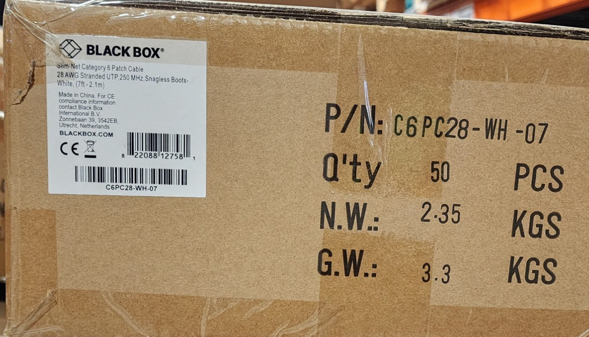 50 Pack 7ft White Black Box Slim-Net Cat 6A Patch Cable 28AWG UTP Snagless
