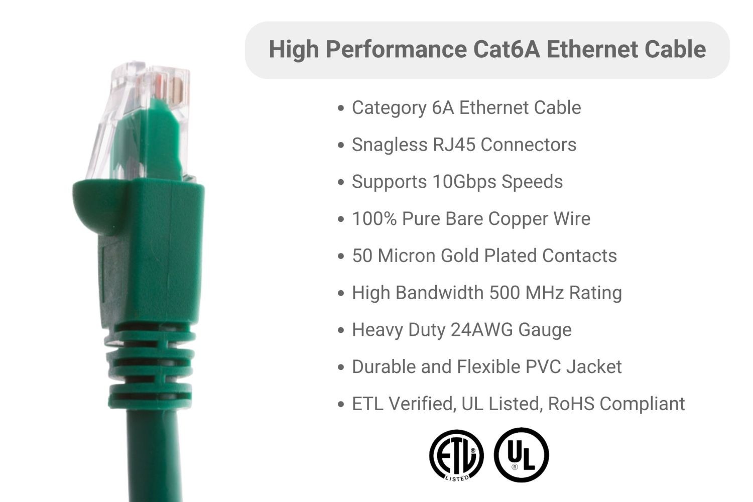 CAT6A Ethernet Patch Cable, Snagless, 2′, Green – Lifetime Warranty