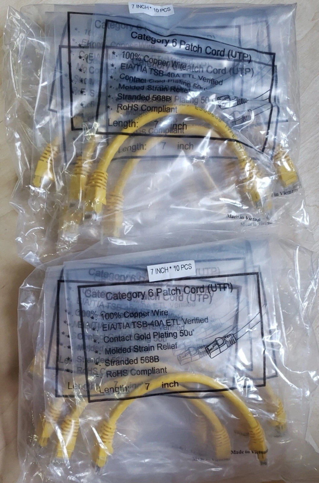 (20 PACK) Category 6 Patch Cord 7 inch Yellow