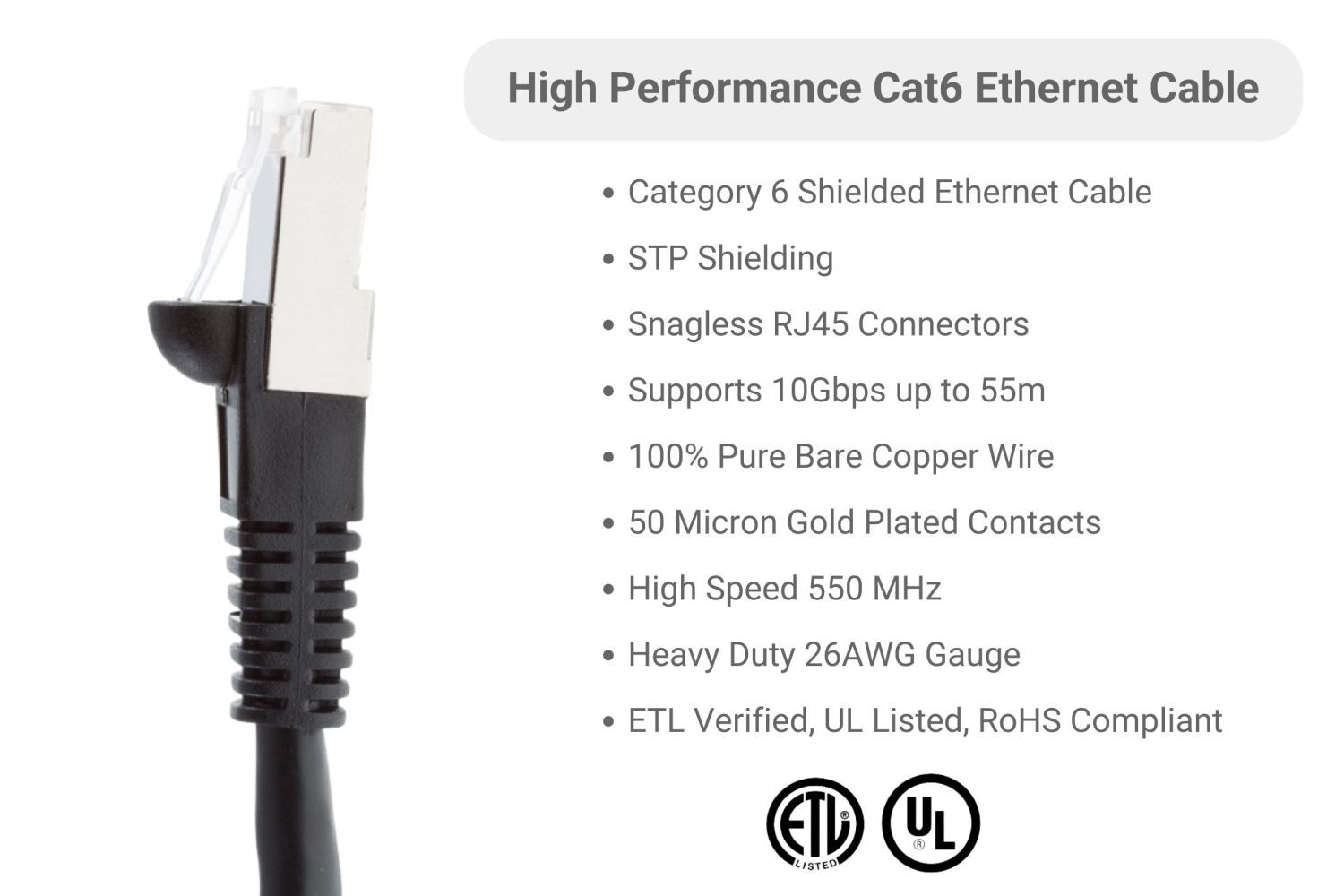 CAT6 Shielded Ethernet Patch Cable, Snagless, 50 Foot, – Lifetime Warranty