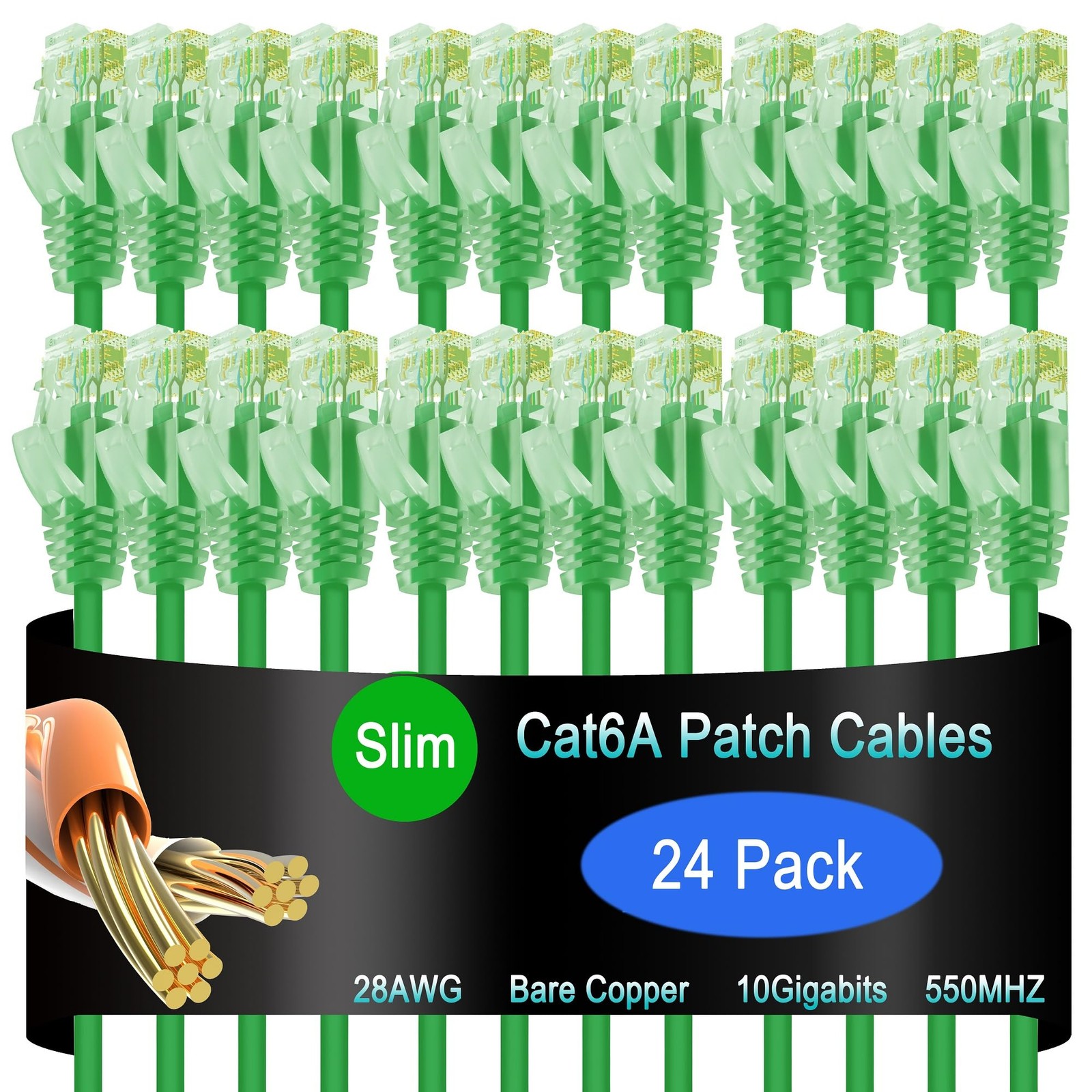 24 PCS Cat6a Slim Ethernet Patch Cable 5 FT 10G Network Data Center Green