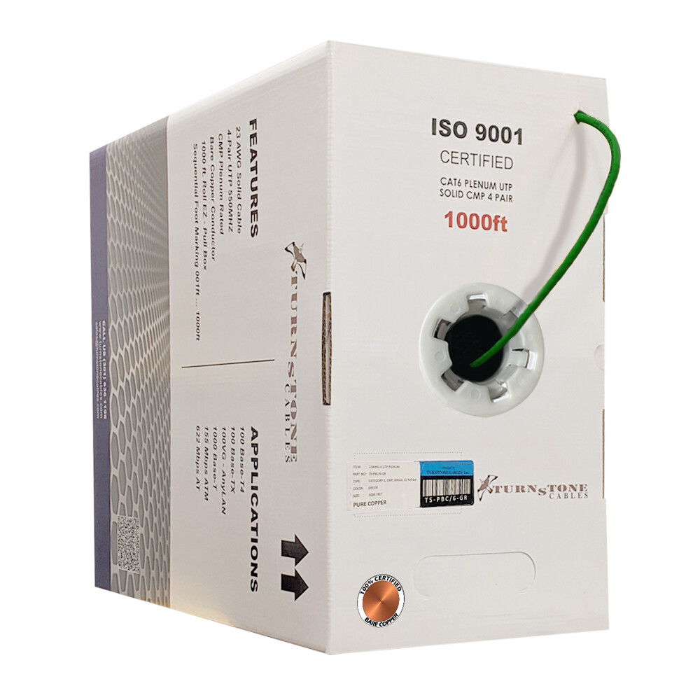 TSCables 550Mhz Cat6 Plenum 100% Solid Bare Copper UTP Ethernet Cable Green