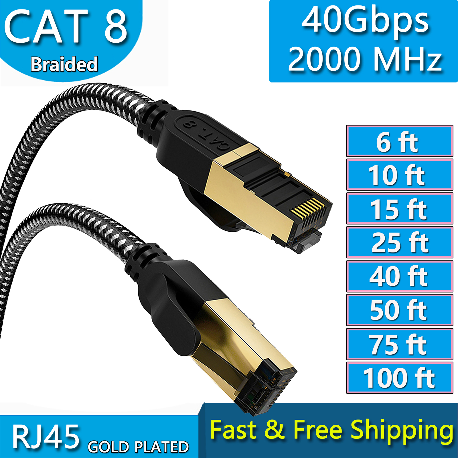 Cat 8 Ethernet Cable 40Gbps 2000Mhz RJ45 Gold Plated CAT8 Braided Network Cord