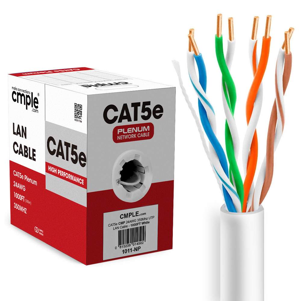 Cat5e Bulk Ethernet Cable 1000ft CMP Plenum Solid 24AWG UTP Pull Box White