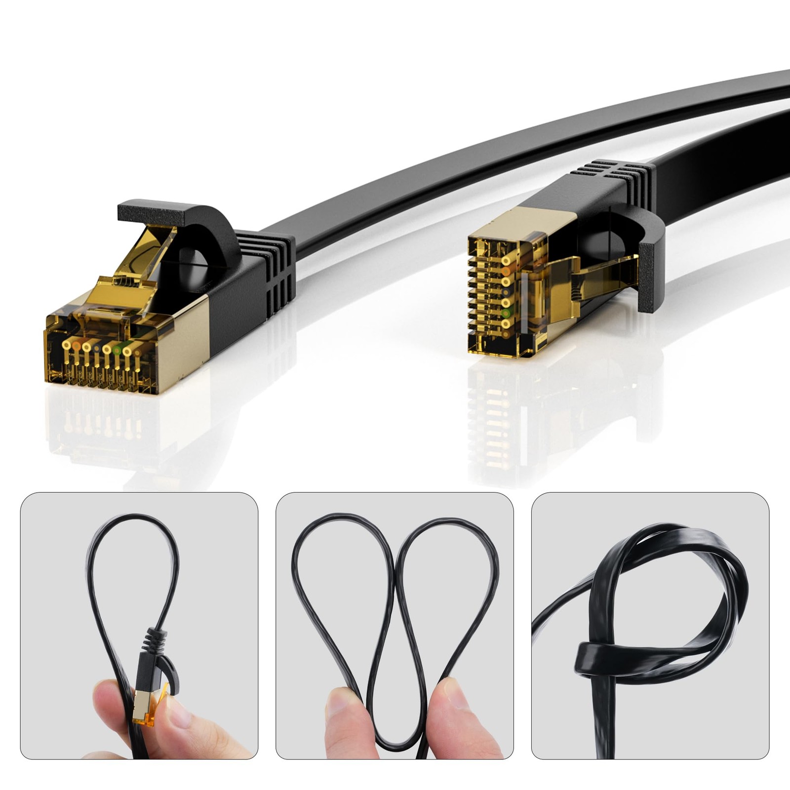 Cat7 Flat Ethernet Cable 100 FT High Speed 10Gbps 600MHz Patch Cord Blk