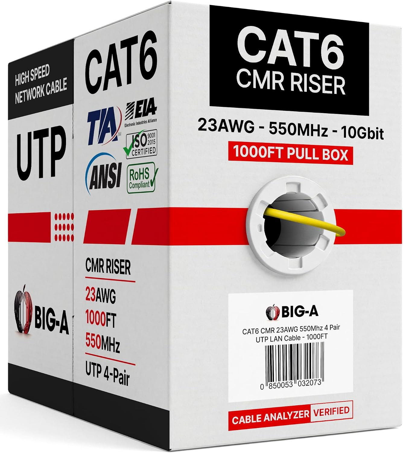 Big-A Cat 6 Ethernet Cable 1000ft Yellow Cat6 Bulk Cable 550MHz 23AWG Solid UTP