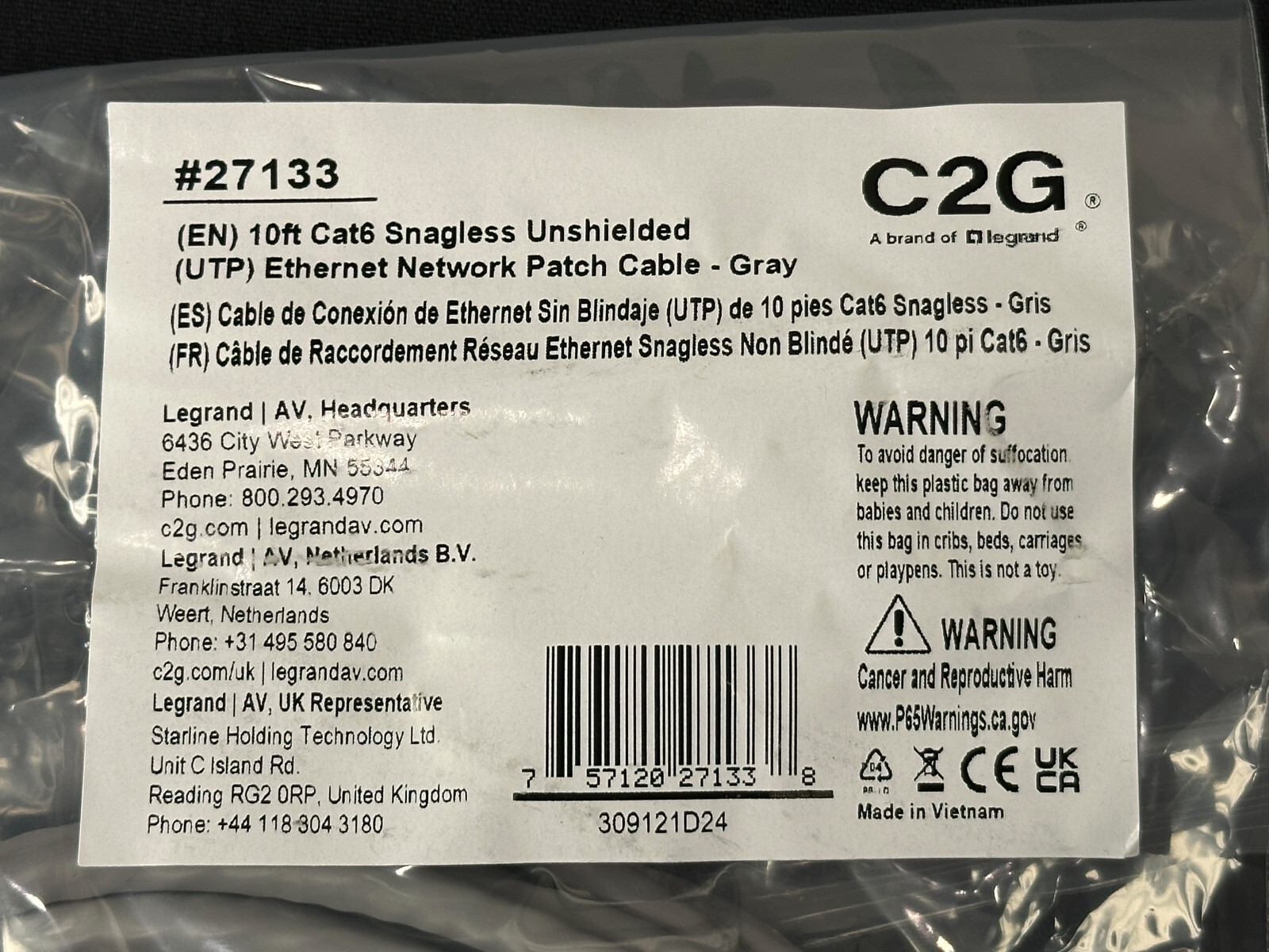 Lot of 5 NEW C2G 10ft CAT6 Snagless Unshielded Ethernet Cable 27133 Gray Grey