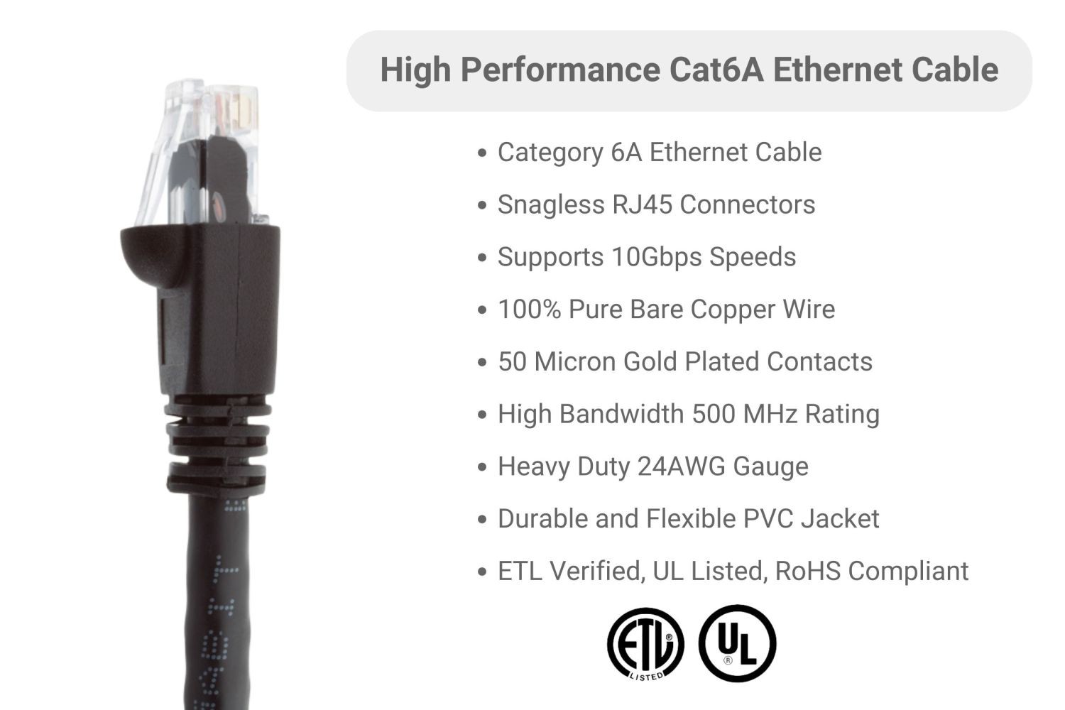 CAT6A Ethernet Patch Cable, Snagless, 10′, Black – Lifetime Warranty