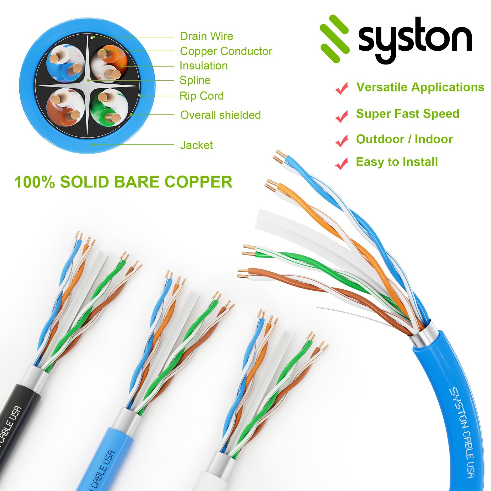 Syston Cat 6E Ethernet Cable Shielded F/UTP 600MHz 23AWG CMR Copper Wire 1000 FT