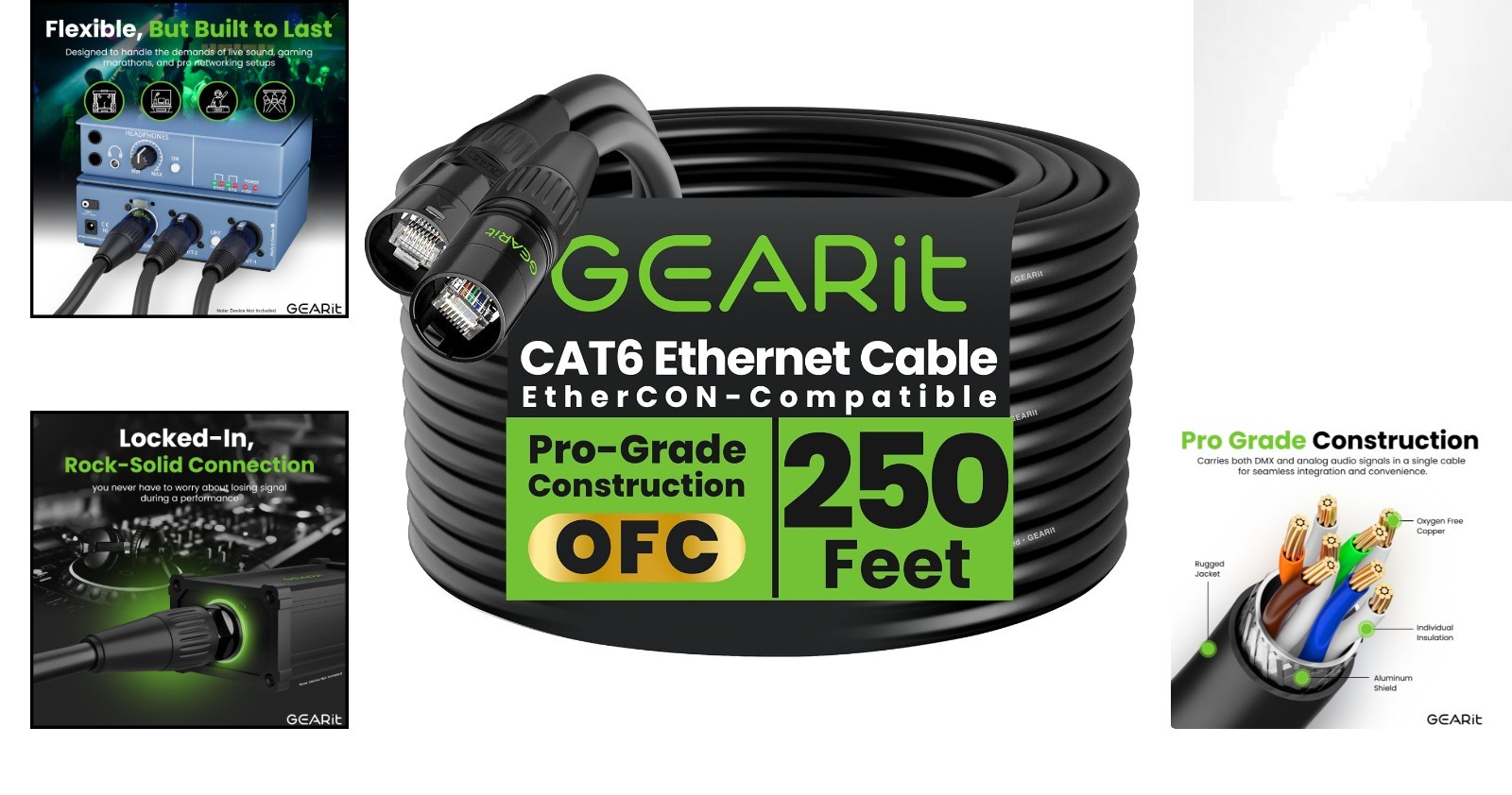 250ft Shielded EtherCON Cable for Professional Audio & Lighting – Cat 6 RJ45