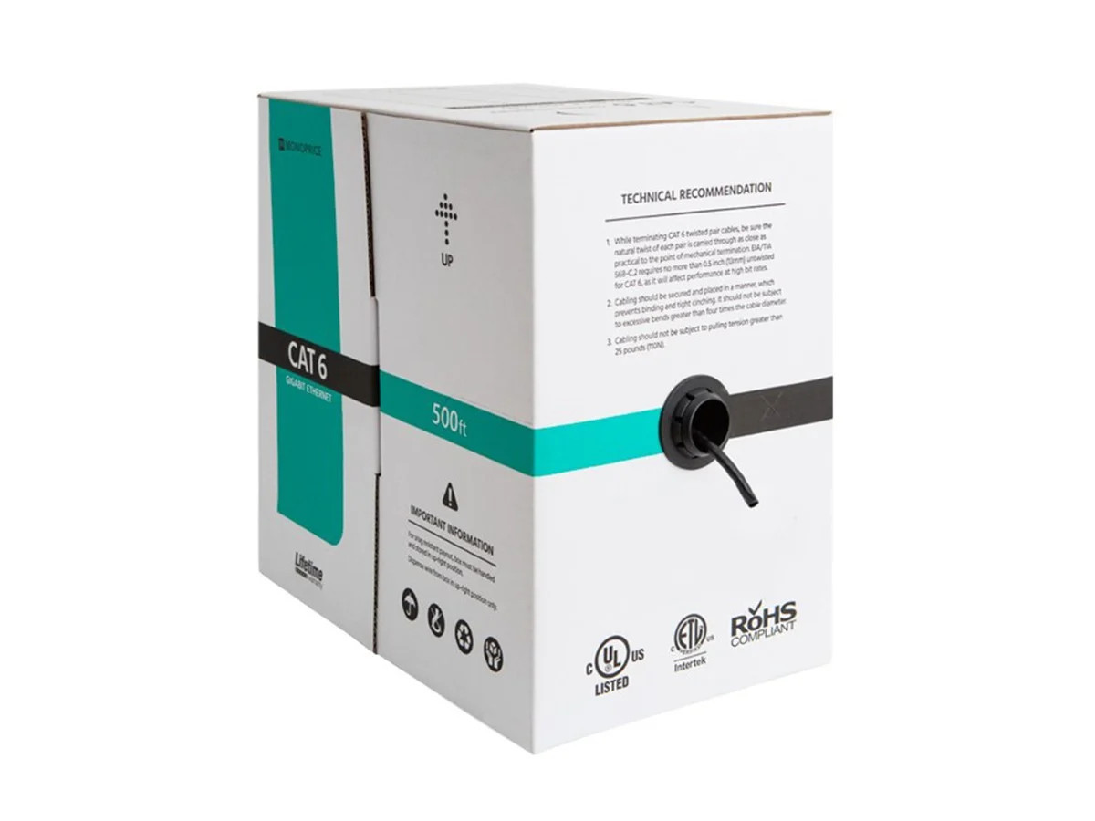 Monoprice Cat6 Ethernet Bulk Cable – 500 Feet – Black, Solid, 550MHz, UTP, 23AWG