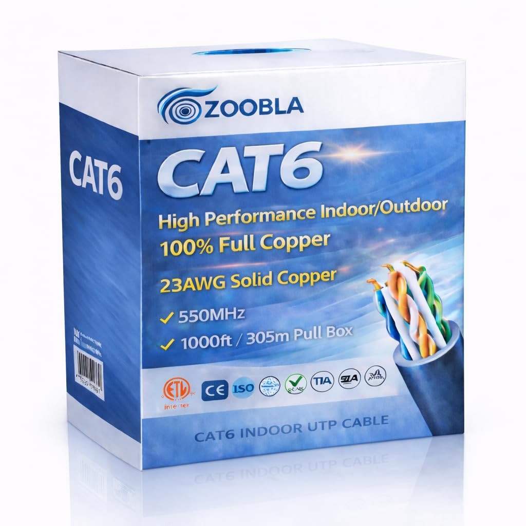 Cat6 Ethernet Cable – 23AWG Solid 100% Pure Copper UTP, 550Mhz 1000Ft (305M), Hi