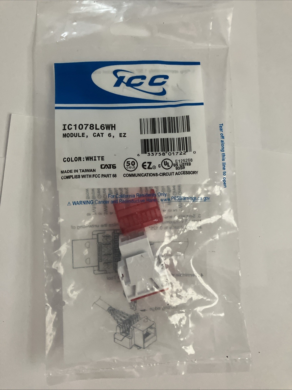 ICC IC1078L6WH CAT6 RJ45 Keystone Jack Wall Plate Ethernet Cable Connectors 4 Pc
