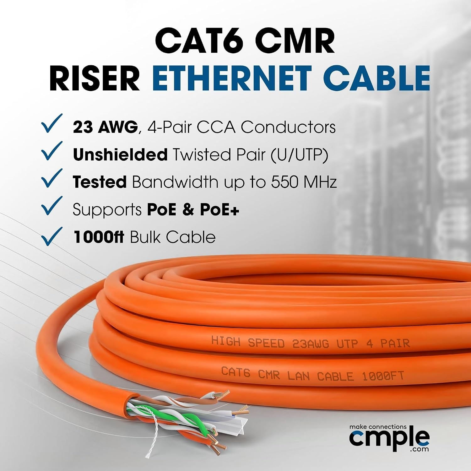 Cat6 Cable 1000ft Bulk Lan Ethernet Cat 6 Wire Network UTP 23AWG CMR Riser 10Gbp