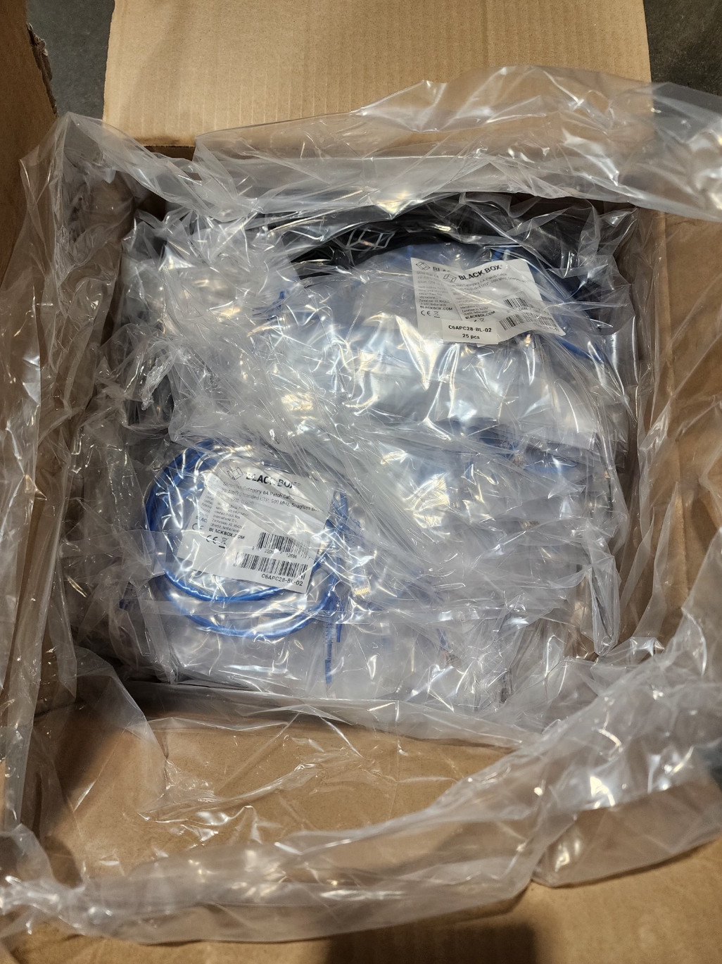 100 Pack 2ft Blue Black Box Slim-Net Cat 6A Patch Cable 28AWG UTP Snagless