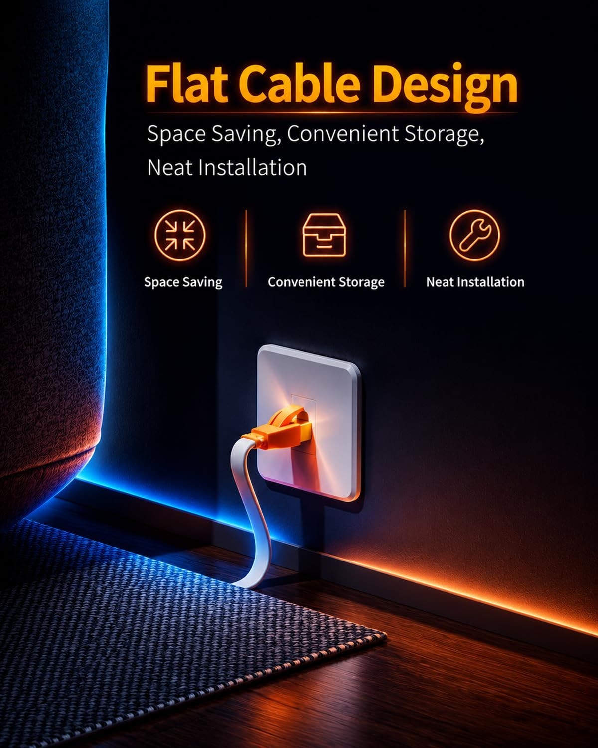 Flat Ethernet Cable 50ft – 40Gbps LAN Cord for Gaming, Modem