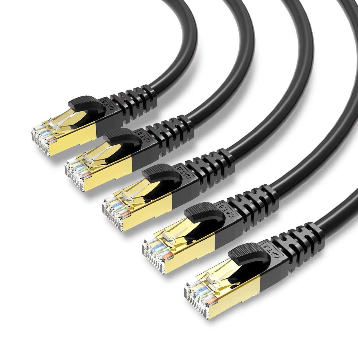 5 PCS CAT 8 Ethernet Cable 5 Ft Black Shielded SFTP High Speed Patch LAN Gold