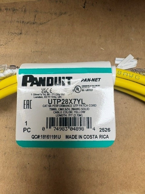 7 ft Panduit UTP28X7YL 28 AWG Copper Cat 6A UTP Patch Cord Yellow