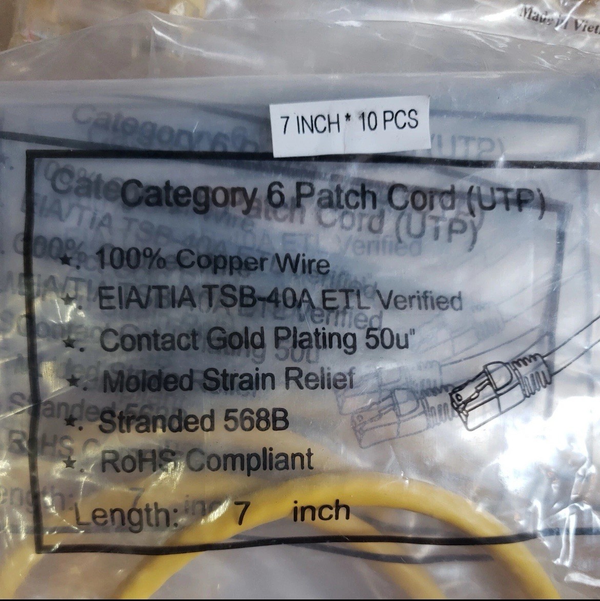 (20 PACK) Category 6 Patch Cord 7 inch Yellow