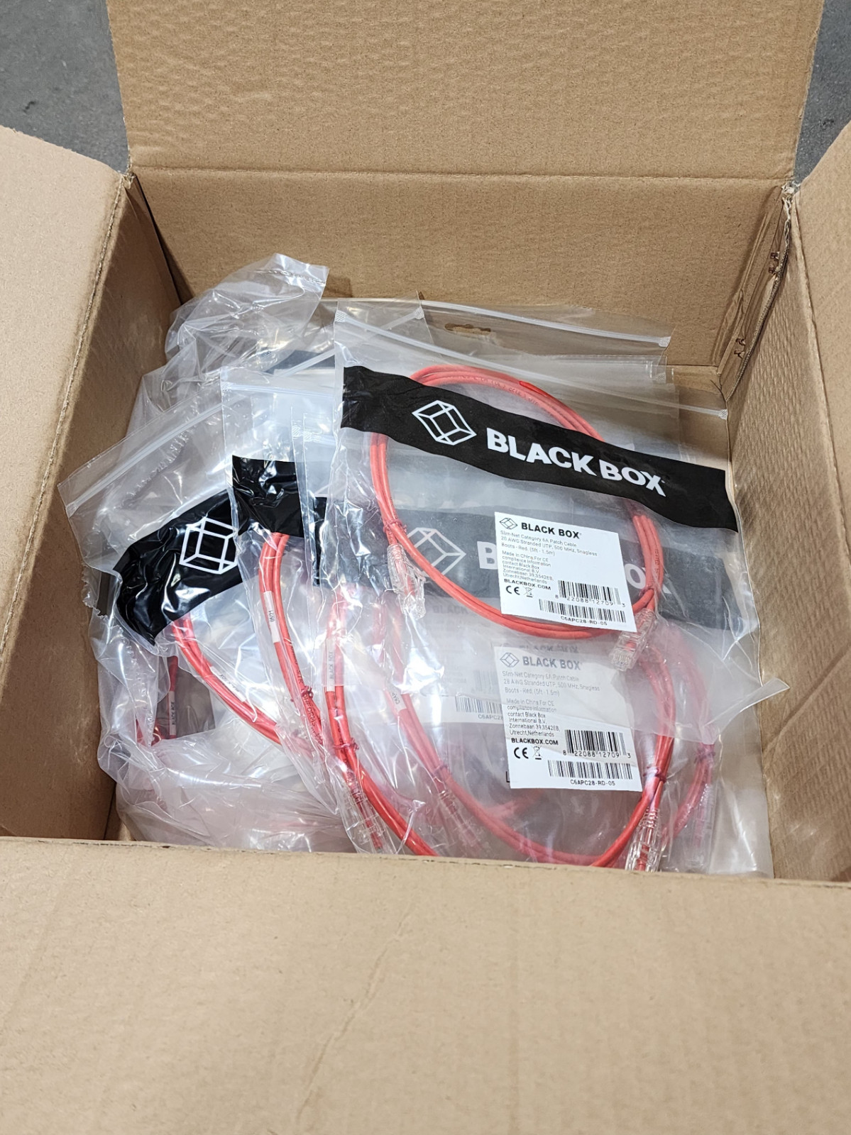 50 Pack 5ft Red Black Box Slim-Net Cat 6A Patch Cable 28AWG UTP Snagless
