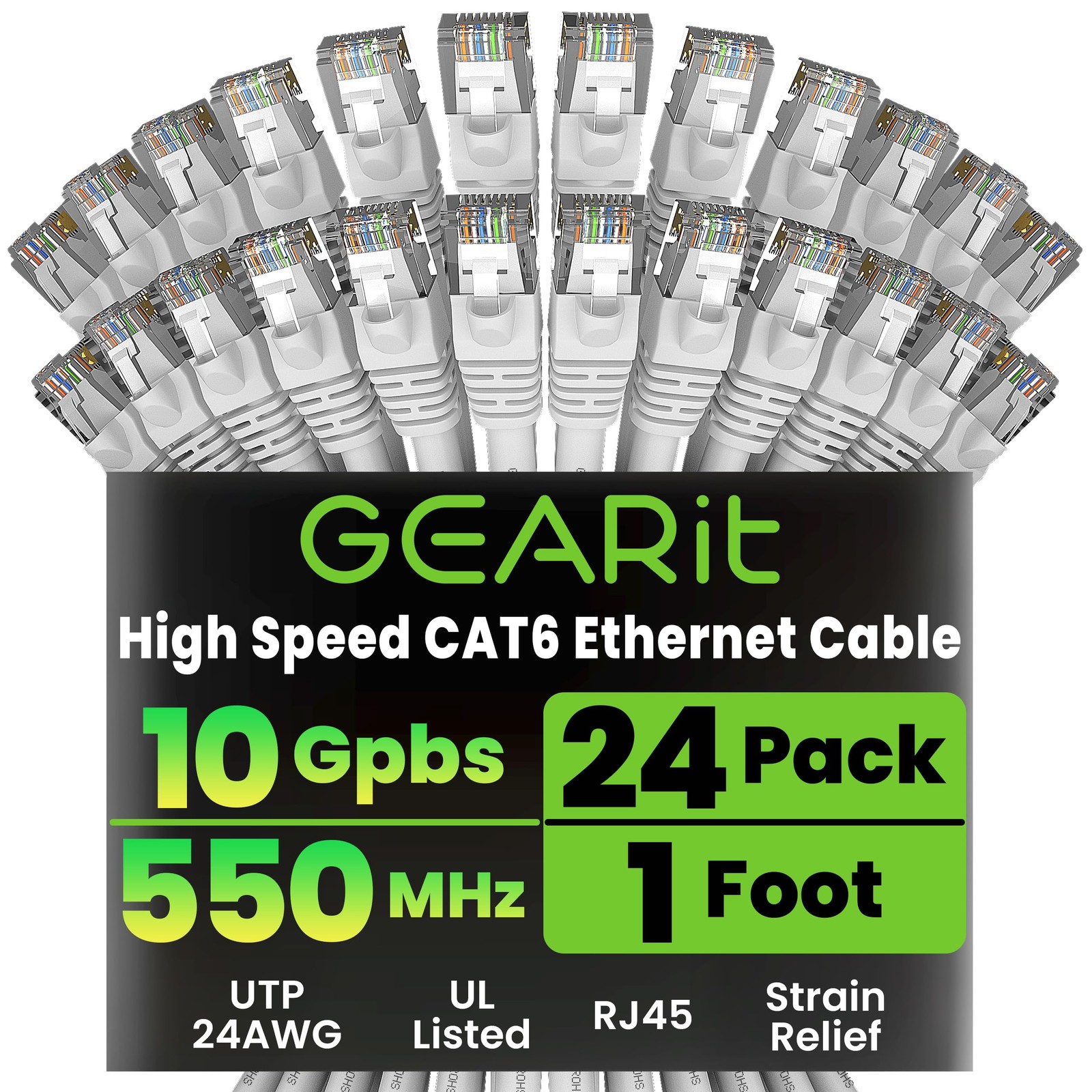 24 Pack White 1ft Cat6 10Gbps Snagless RJ45 Network Ethernet Patch Cables
