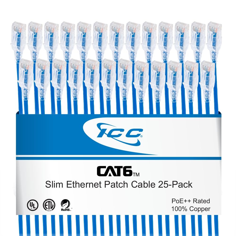 ICC CAT6 Slim Ethernet Patch Cord with Clear Boot Strain Relief, RJ45, Strand…