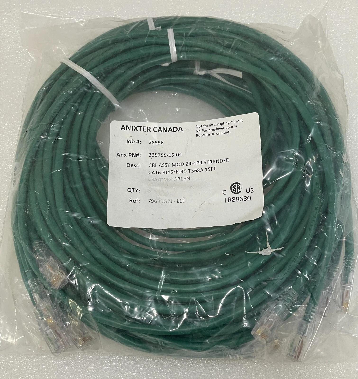 ANIXTER CHINA 325755-15-04 GREEN CABLE ASSEMBLY CAT 6 RJ45/RJ45 T568A 15FT 5 QTY
