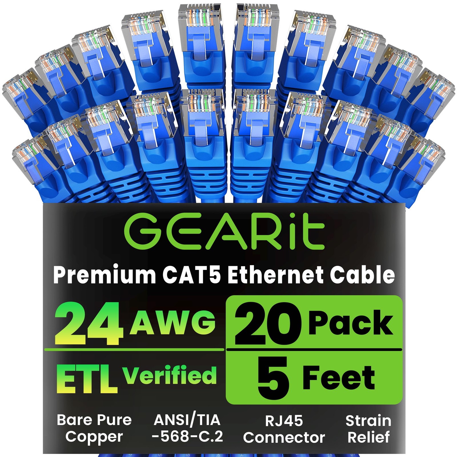 20-Pack, Cat5e Ethernet Patch Cable 5 Feet – Snagless RJ45 Computer LAN Netwo…