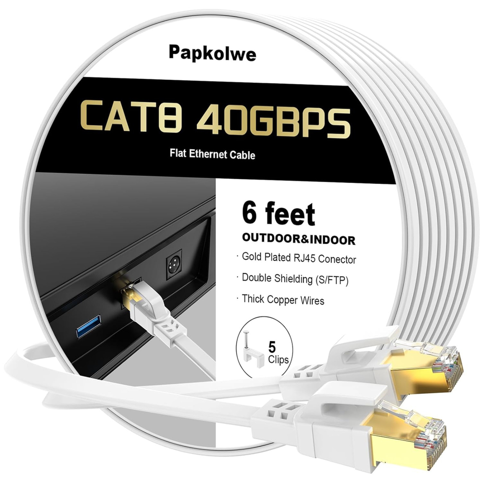 Cat 8 Ethernet Cable 6 ft Shielded Flat Network LAN Cable Gold Connectors