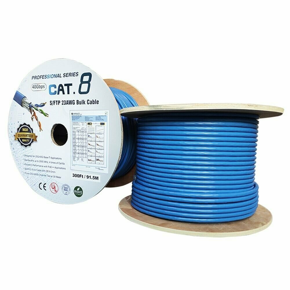 300FT CAT8 40Gbps Network LAN Ethernet S/FTP Cable Solid Wire Bulk 23AWG Blue