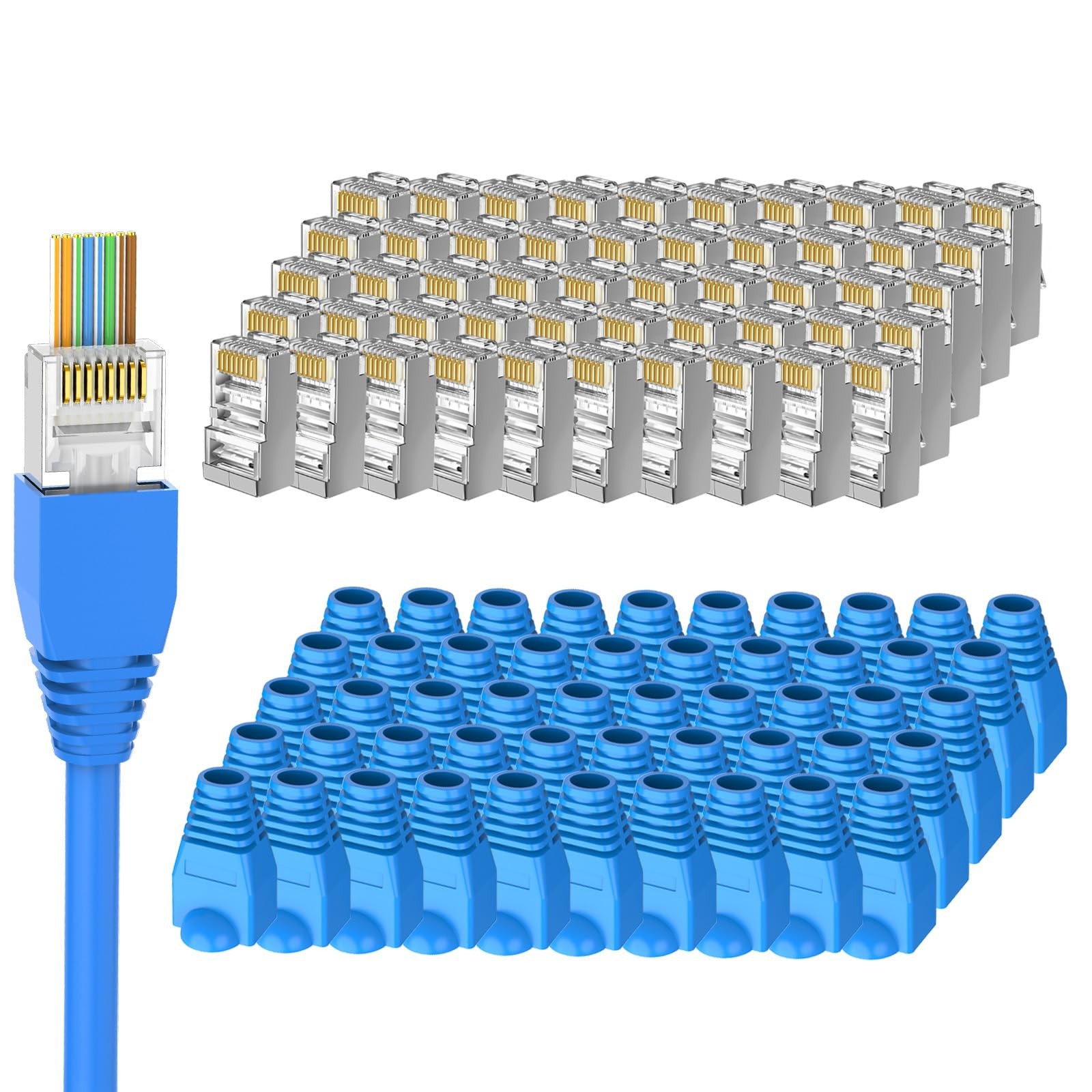 50 Pack Cat 6 Shielded Pass Through RJ45 Connectors STP Network Cable Plugs