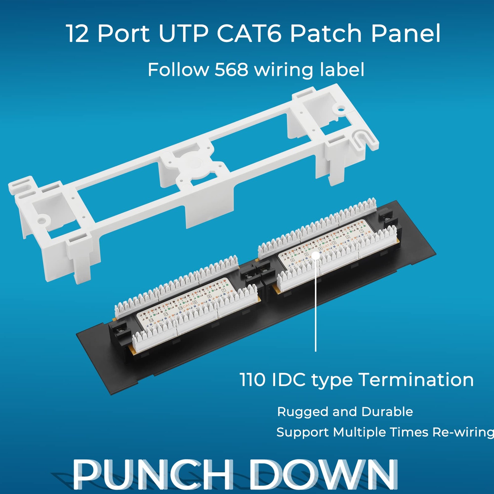 Patch Panel 12 Port Cat6 10G UTP 10 Inch Wallmount 1U Ethernet Punch Down