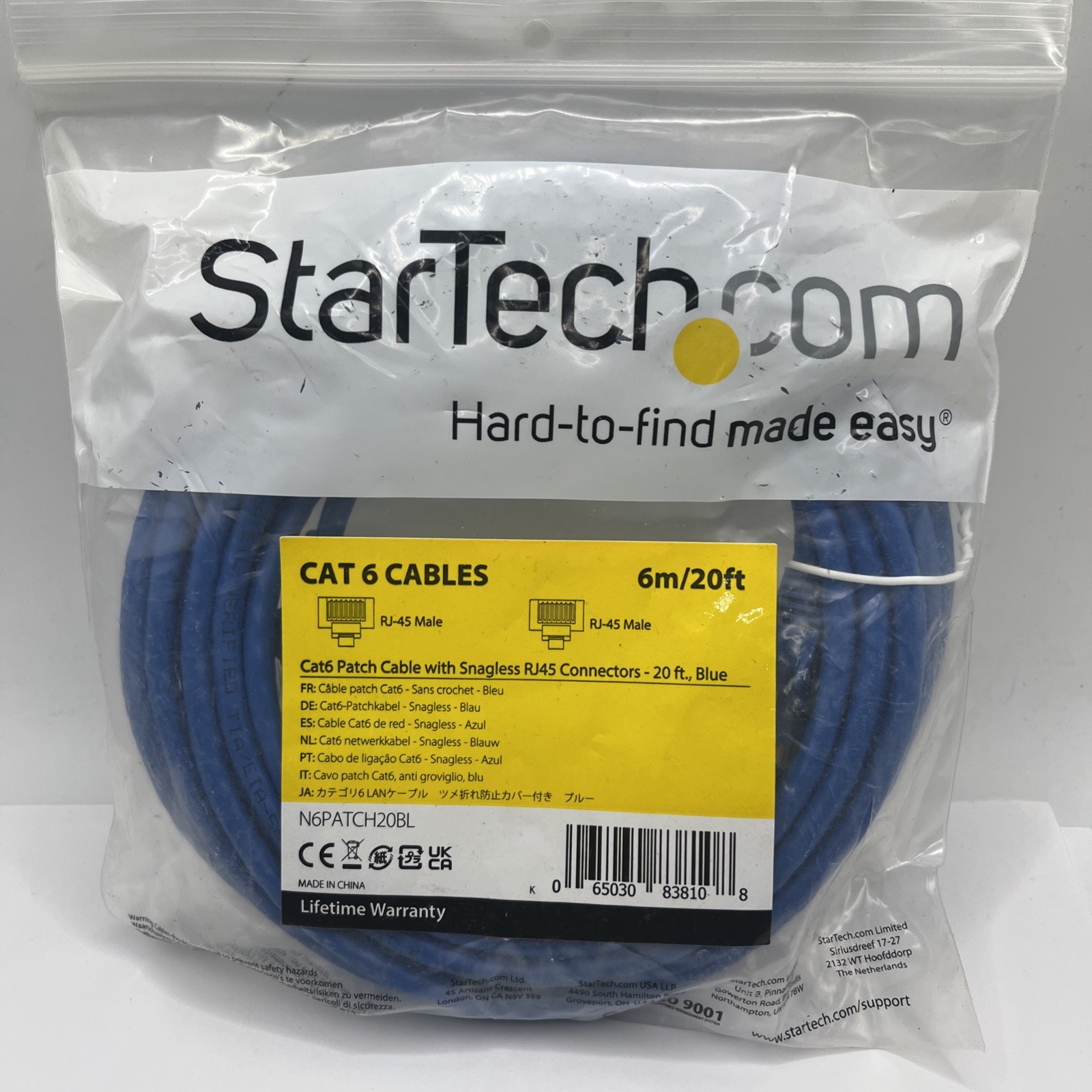 StarTech 20ft Blue Cat6 Patch Cable with Snagless RJ45 Connectors – Long