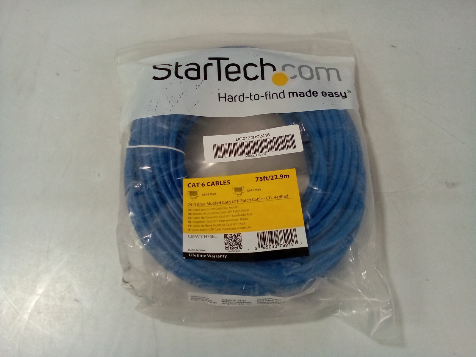 StarTech.com 75ft CAT6 Ethernet Cable – Blue Molded Gigabit – 100W PoE UTP 650MH