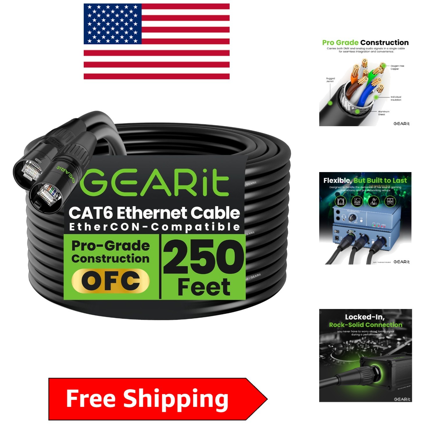 250ft Shielded EtherCON Cable for Professional Audio & Lighting – Cat 6 RJ45