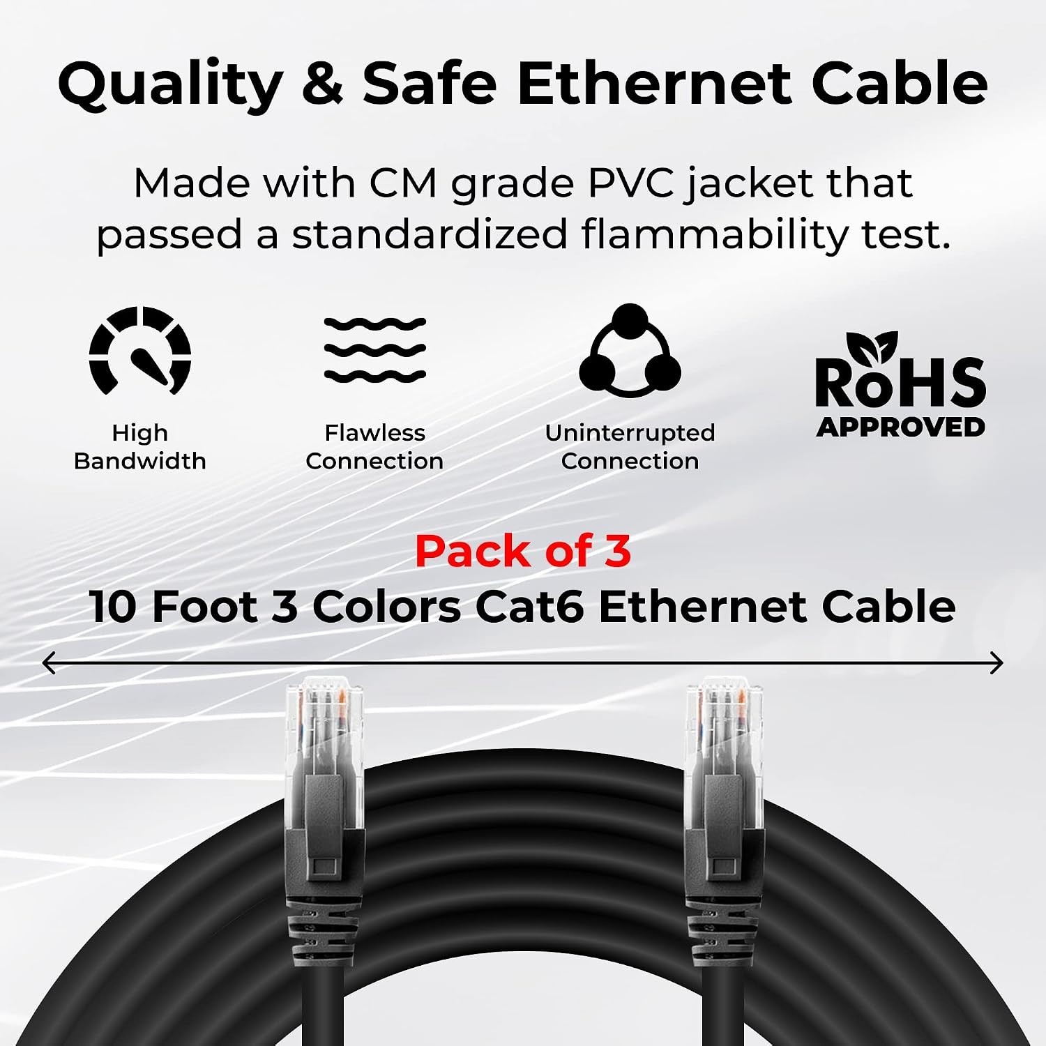 Cat6 Ethernet Cable 10 Feet (3 Pack) LAN UTP RJ45 Network Internet cable New