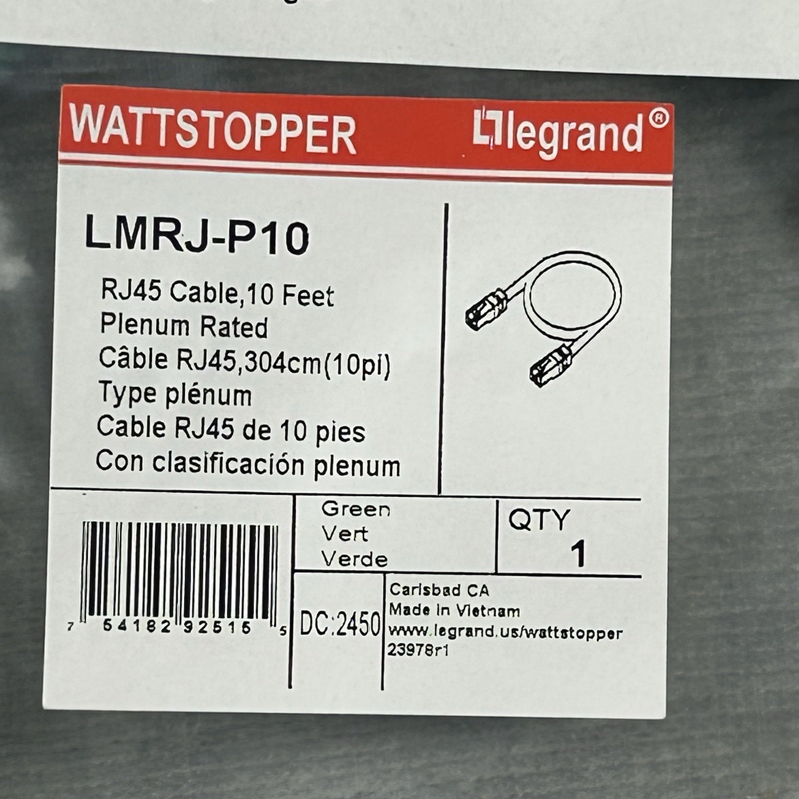 Legrand Wattstopper LMRJ-P10 Patch Cable 10′ Green RJ45 Plenum Rated – 1 Count
