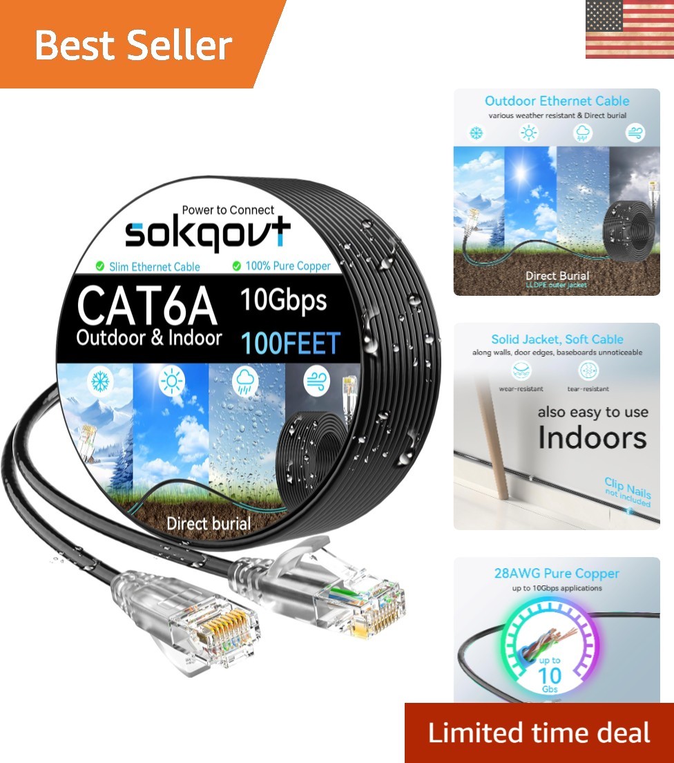 100ft Slim Cat6a Ethernet Cable – 10Gbps High-Speed for Both Indoor and Outdoor