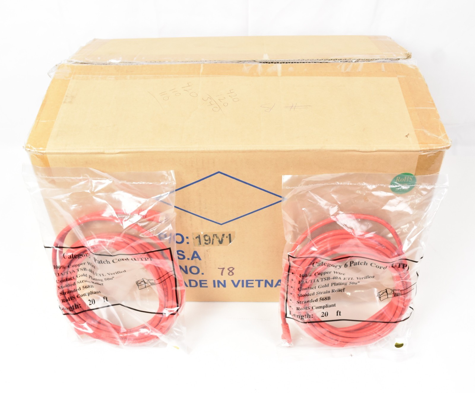 Case of (50) Red 20′ Ft. Cat 6 Ethernet Patch Cables NEW