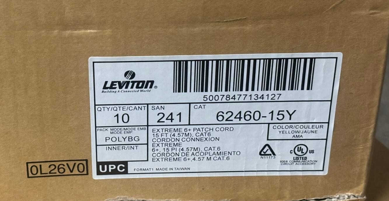 Lot of 10 Leviton 62460-15Y Yellow Extreme 6+ Patch Cord, 15ft, Cat 6