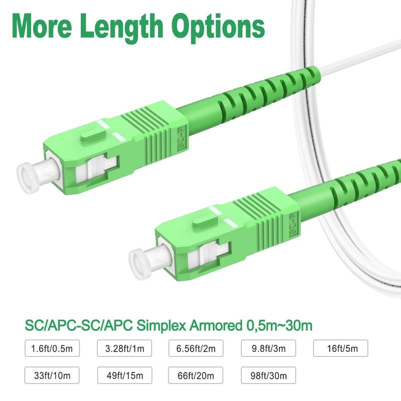 SC/APC To SC/APC Fiber Optic Internet Cable Armored Patch OS2 Simplex 30ft