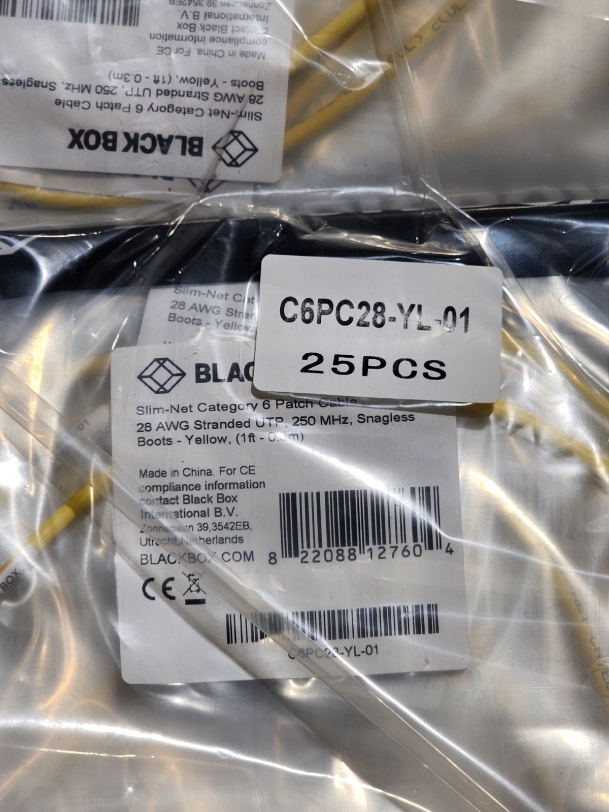 100 Pack 1ft Yellow Black Box Slim-Net Cat 6A Patch Cable 28AWG UTP Snagless