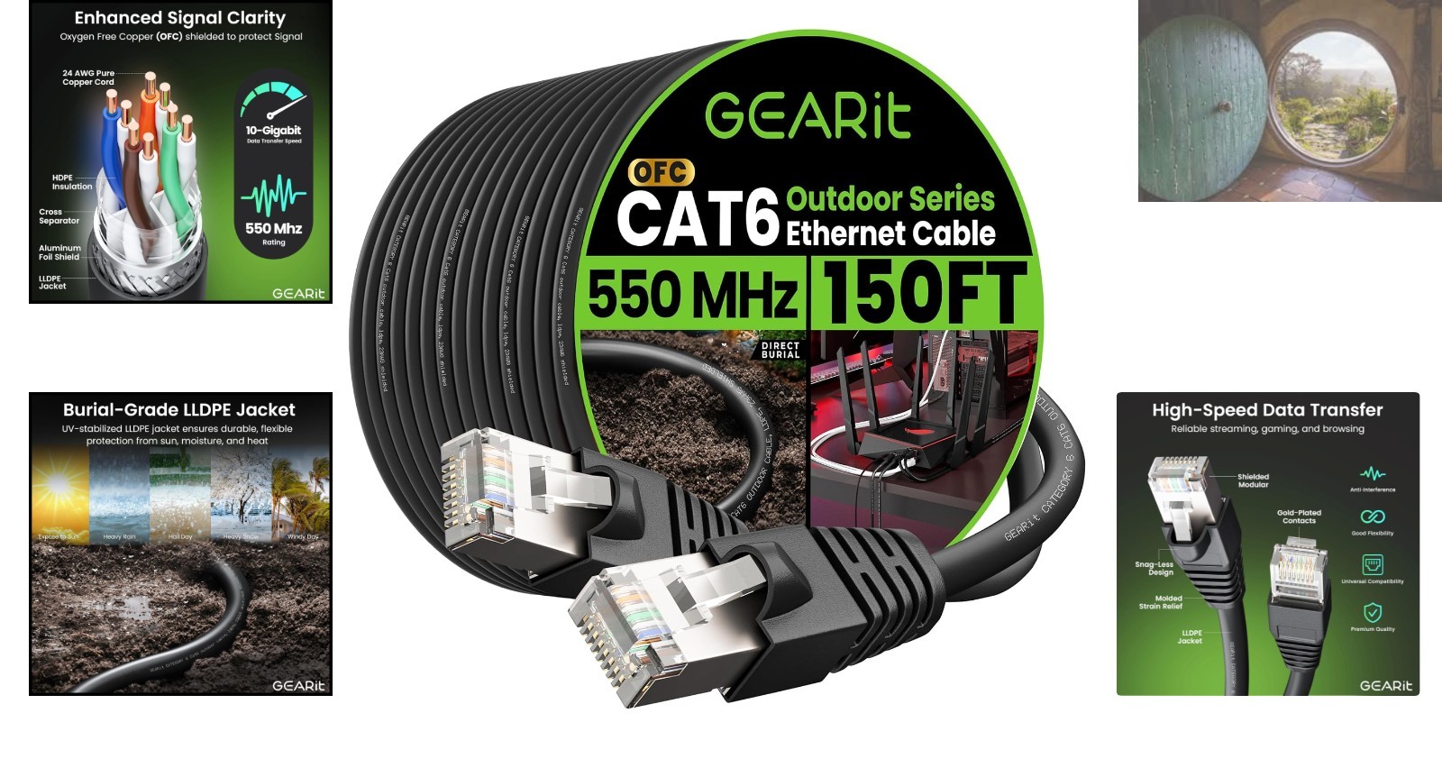 150ft Direct Burial Cat6 Outdoor Ethernet Cable with RJ45 Bubble Boot Connectors