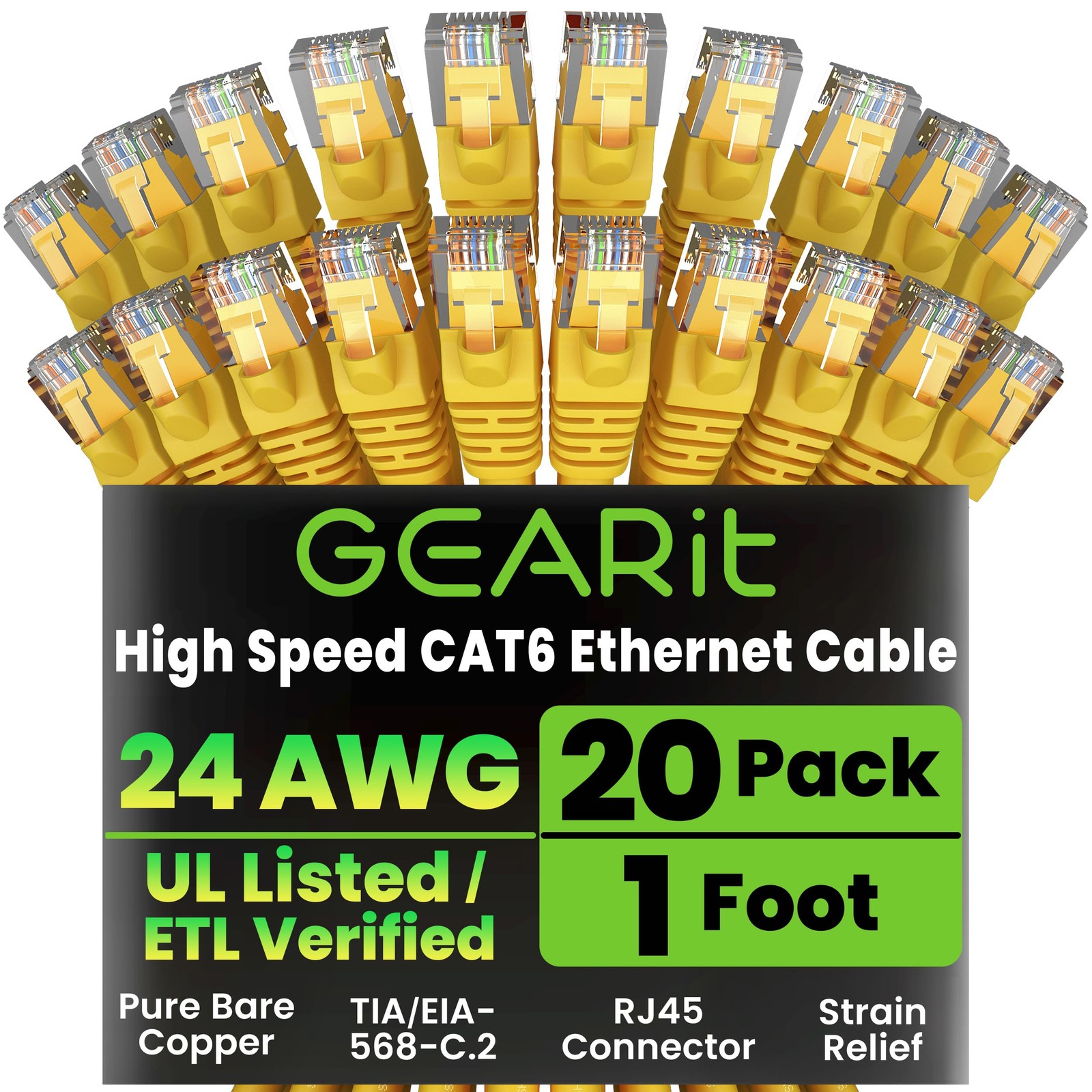 20-Pack 1 Foot Cat 6 Ethernet Cable, Yellow, 10Gbps, RJ45, Snagless, Patch Cord