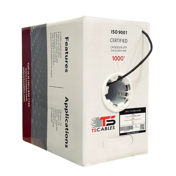 TSCables Cat6 Riser Solid Bare Copper Bulk 1000ft 550MHz Cable Black